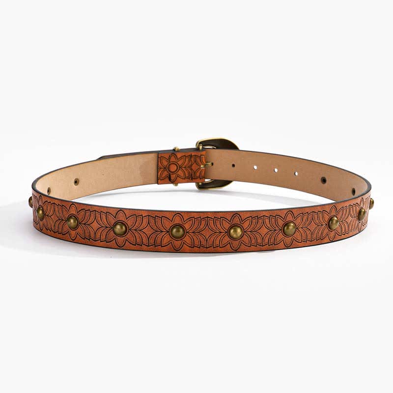 Elegant Flower Printed Bronze Rivet Leather Belt