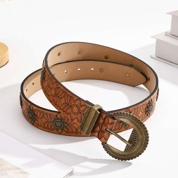 Star Rivet Inlaid Retro Floral Pattern Leather Belt