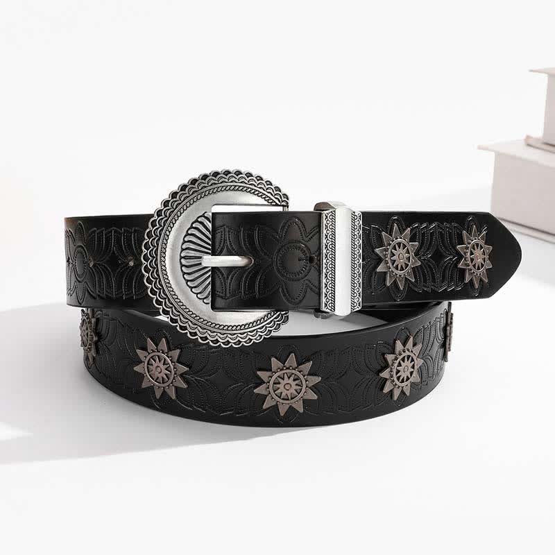 Star Rivet Inlaid Retro Floral Pattern Leather Belt