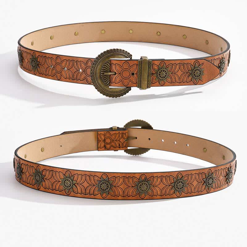 Star Rivet Inlaid Retro Floral Pattern Leather Belt