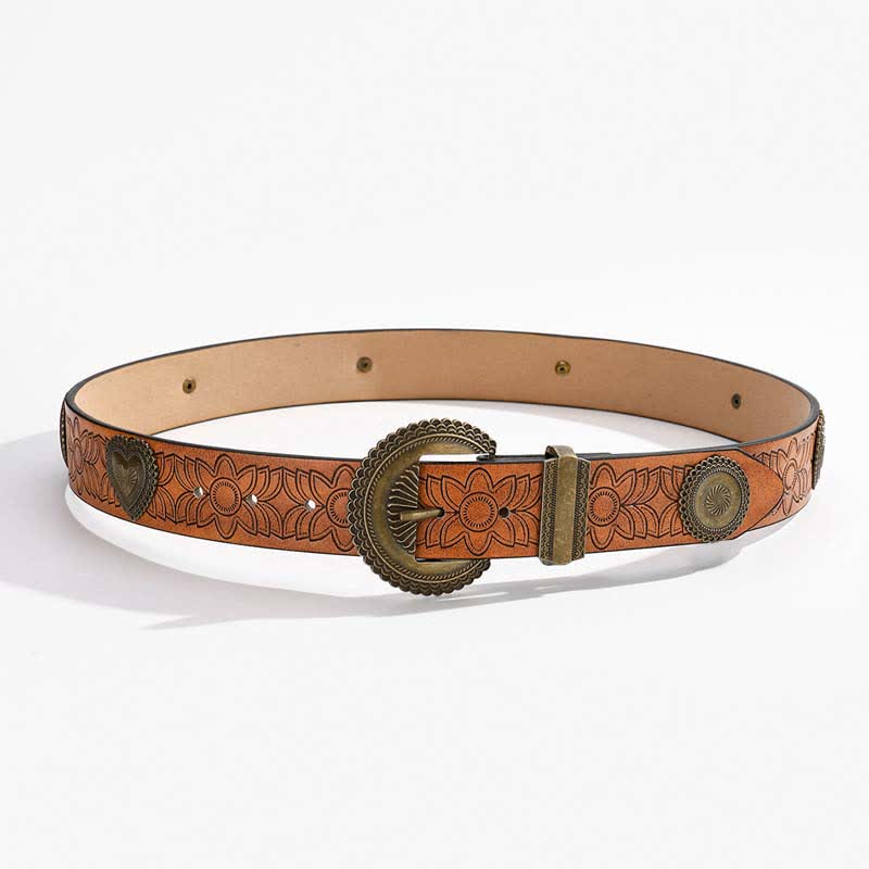 Round & Heart Rivets Inlaid Floral Print Leather Belt