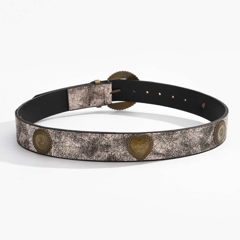 Round & Heart Rivets Inlaid Floral Print Leather Belt