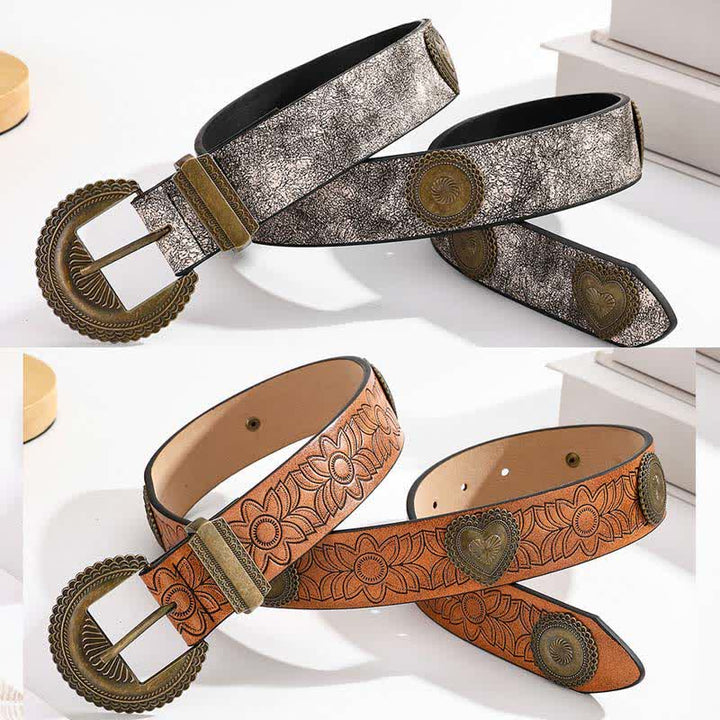 Round & Heart Rivets Inlaid Floral Print Leather Belt