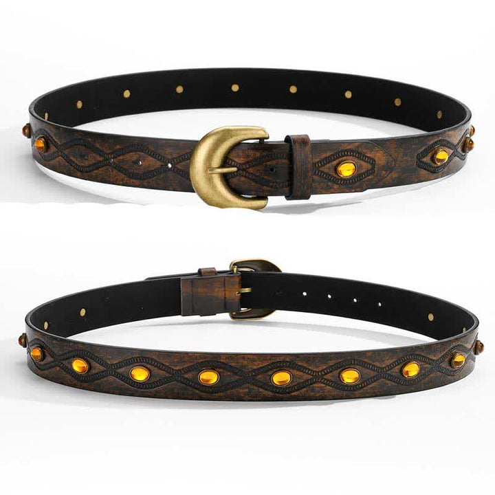 Dark Coffee Bright Gemstone Rivets Leather Belt