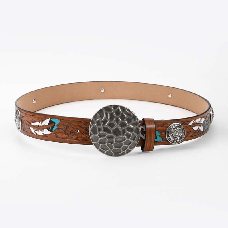 Round Floral Rivets Rivets Feather Pattern Leather Belt