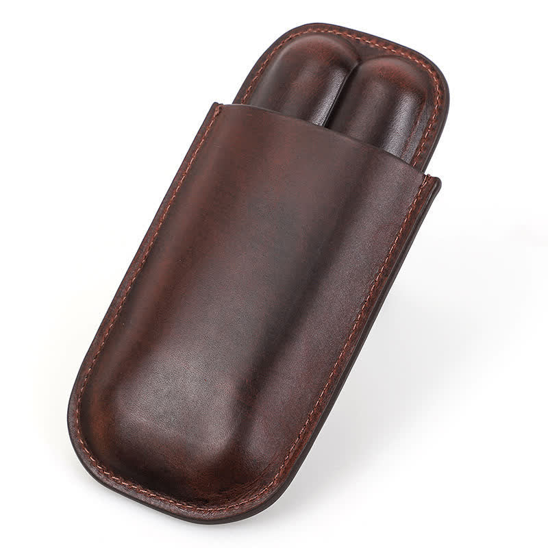 Brown Portable Cigar Humidor Leather Cigar Case (for Two Cigars)