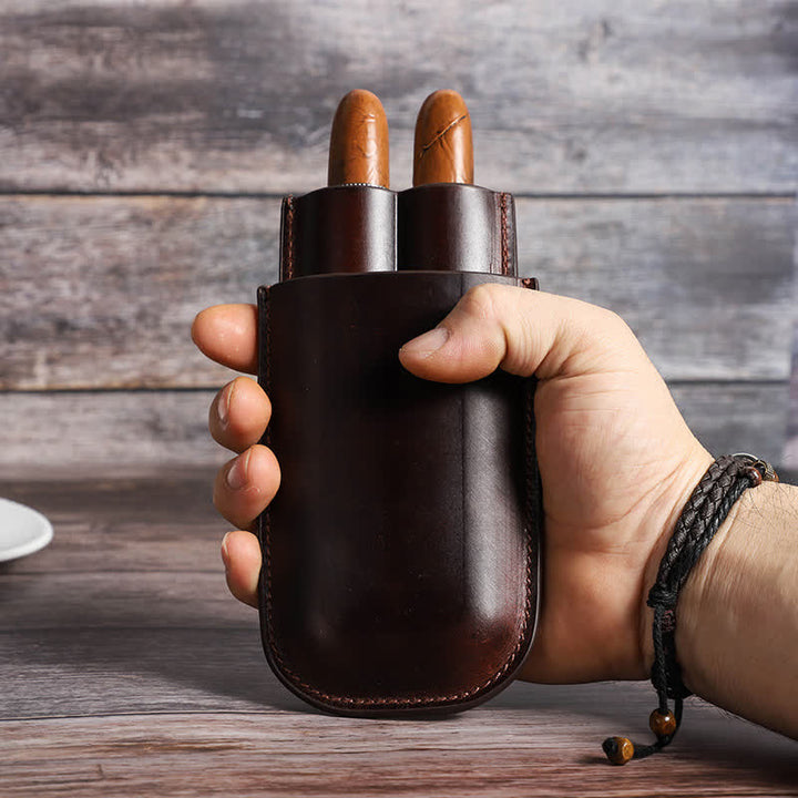Brown Portable Cigar Humidor Leather Cigar Case (for Two Cigars)  - image 0