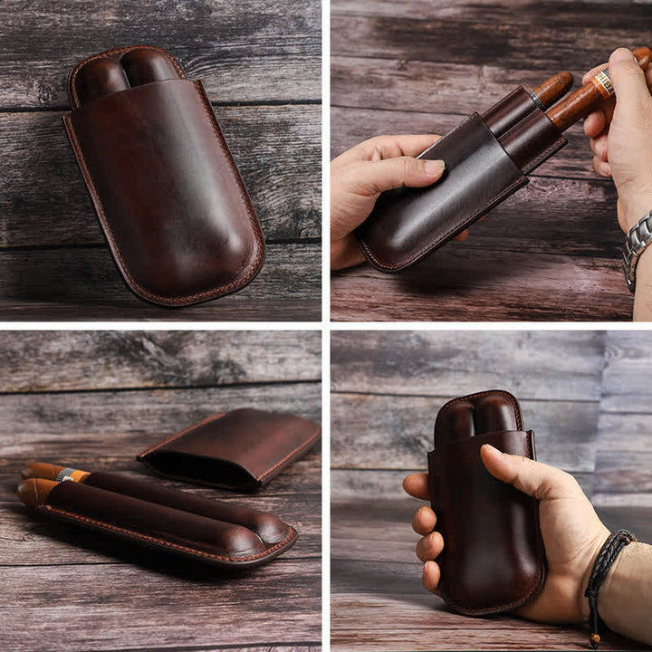 Brown Portable Cigar Humidor Leather Cigar Case (for Two Cigars)