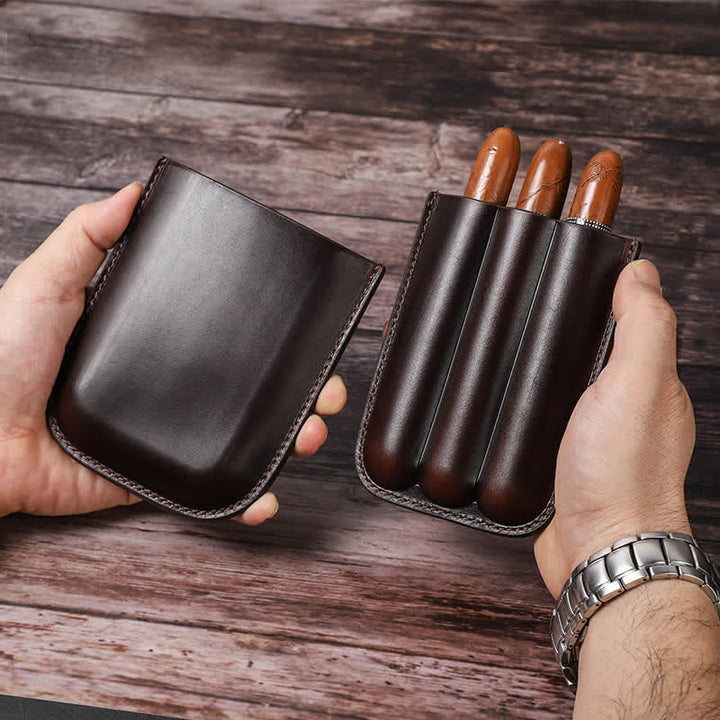 Brown Portable Cigar Humidor Leather Cigar Case (for Three Cigars)