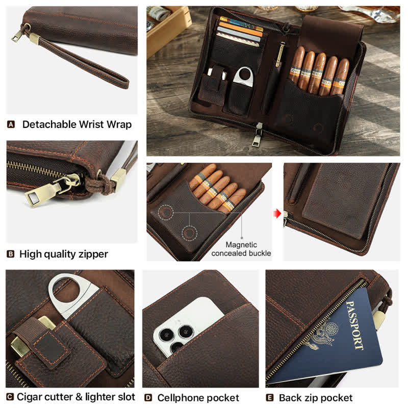 Travel Large Capacity Zipper Leather Cigar Case (For Five Cigars)