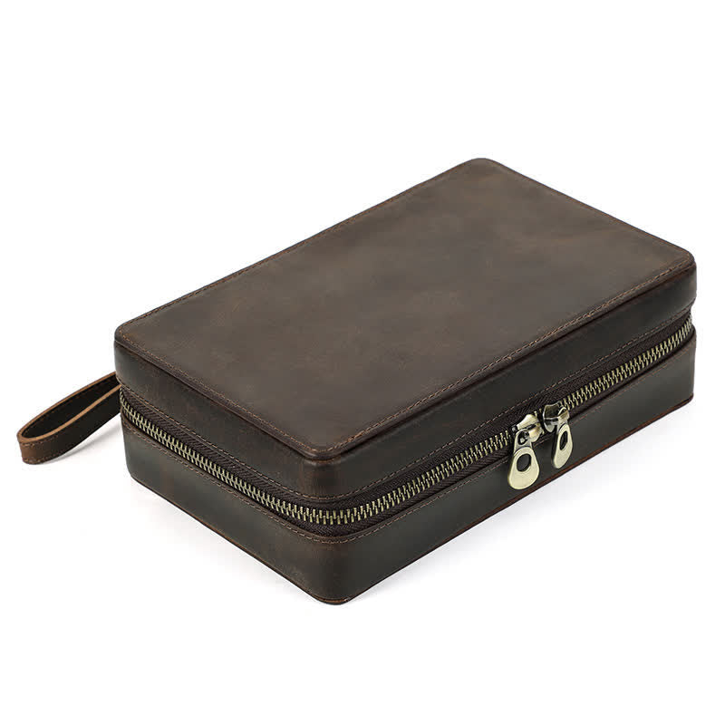 Crazy Horse Cowhide Zipper Leather Cigar Case (For Four Cigars) - Dark Brown - image 2