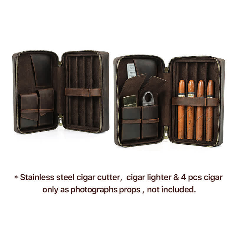 Crazy Horse Cowhide Zipper Leather Cigar Case (For Four Cigars)