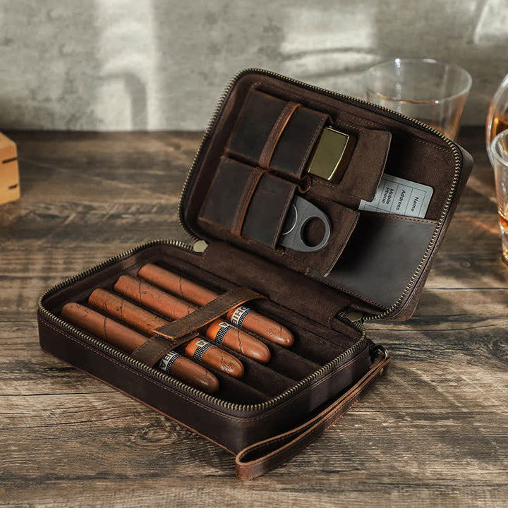 Crazy Horse Cowhide Zipper Leather Cigar Case (For Four Cigars) - image 0