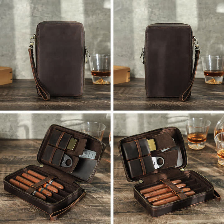 Crazy Horse Cowhide Zipper Leather Cigar Case (For Four Cigars) - image 5