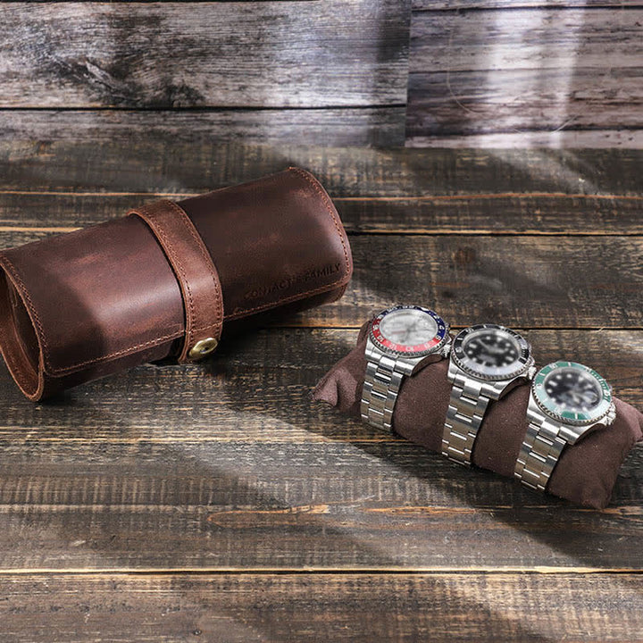 Custom Engraving Three Watch Roll Travel Leather Watch Case