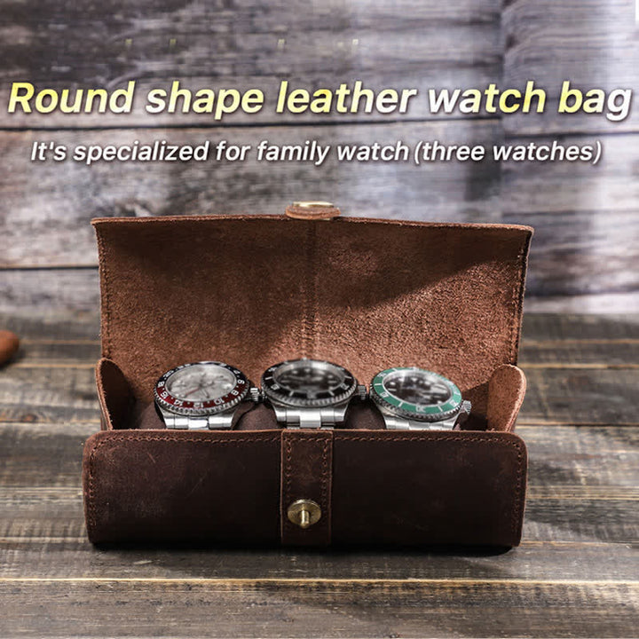 Custom Engraving Three Watch Roll Travel Leather Watch Case