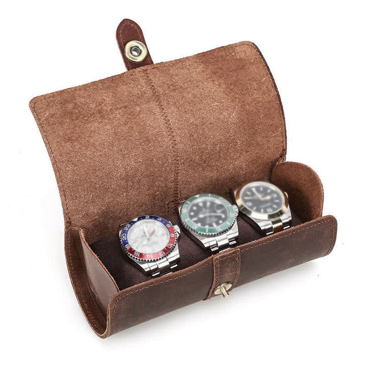 Custom Engraving Three Watch Roll Travel Leather Watch Case