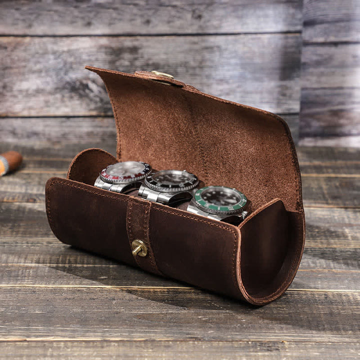 Custom Engraving Three Watch Roll Travel Leather Watch Case