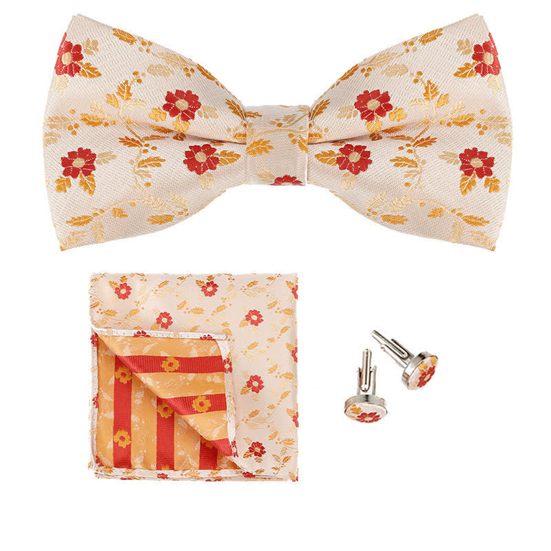 3Pcs Men's Coloured Flowers Pocket Square Bow Tie Set