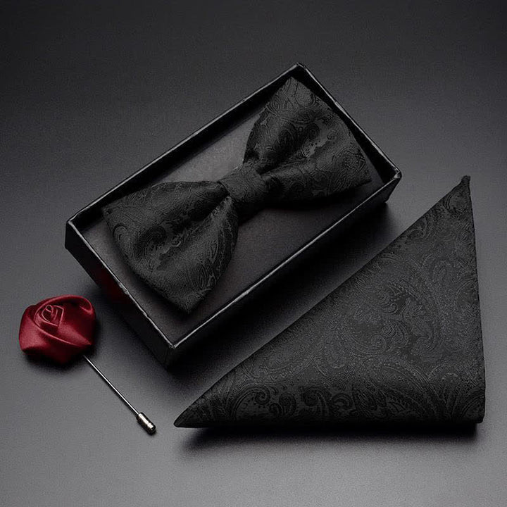 3Pcs Men's Black Paisley Pocket Corsage Bow Tie Set