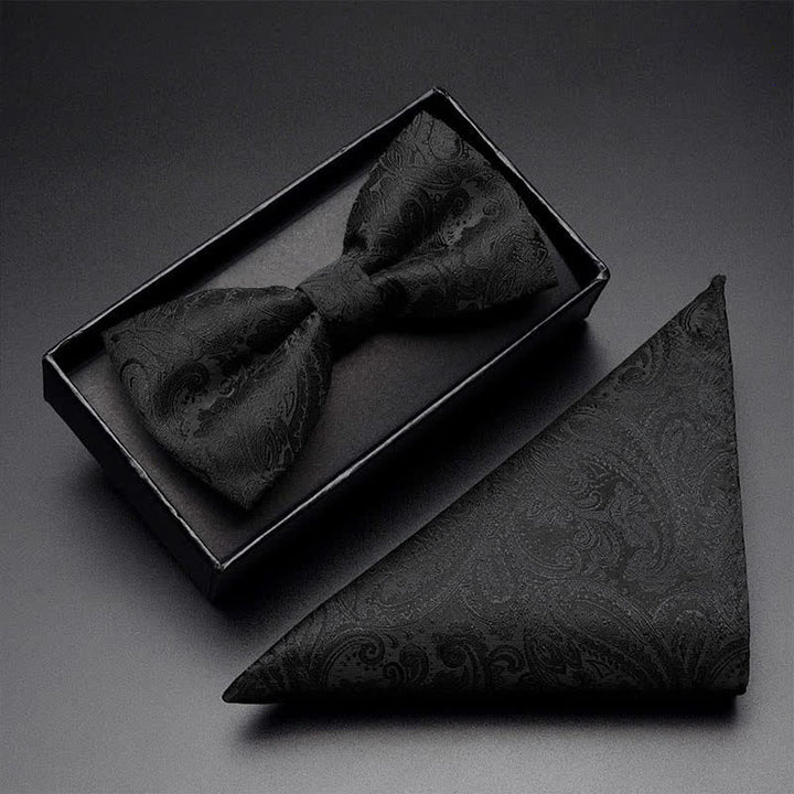 3Pcs Men's Black Paisley Pocket Corsage Bow Tie Set