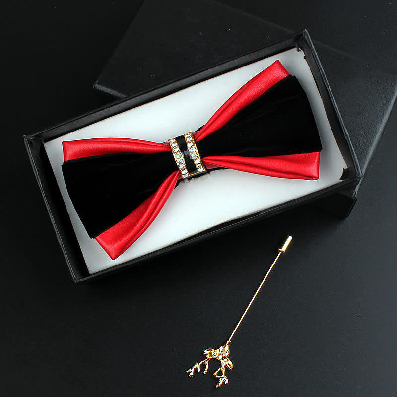 2Pcs Men's Crystal Decoration PU Leather Deer Pin Bow Tie Set