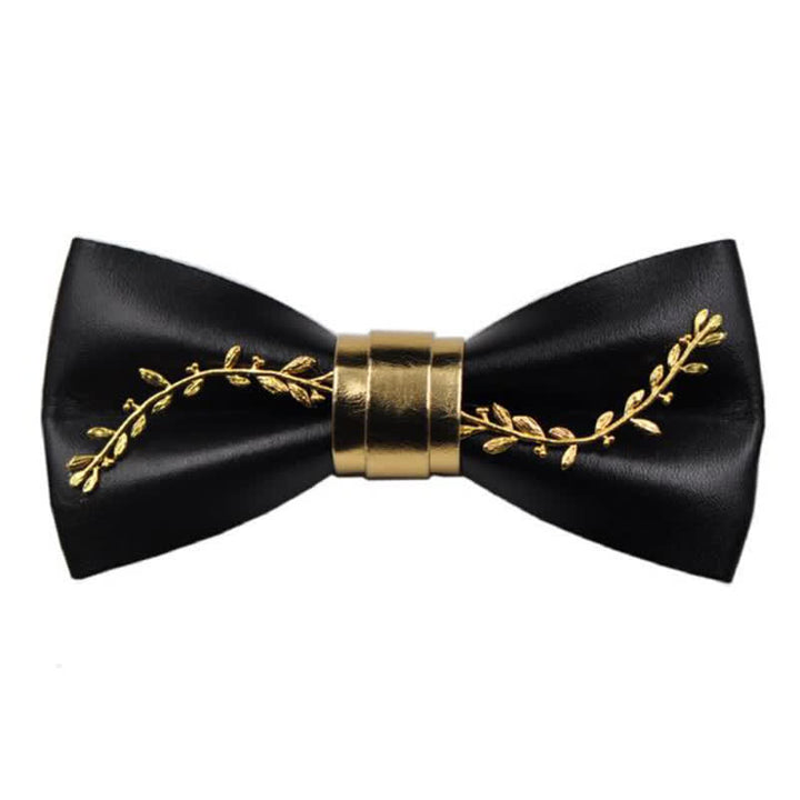 Men's Gold Metal Flower Accent Black PU Leather Bow Tie