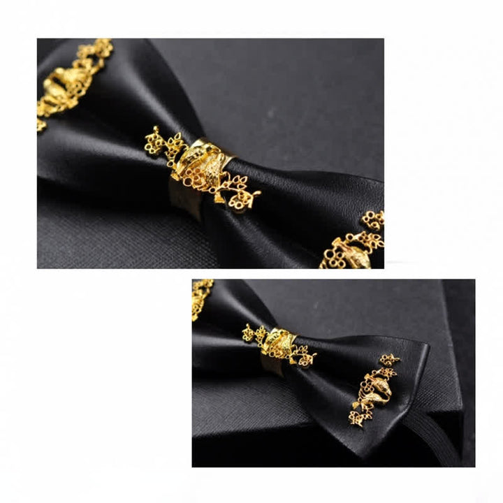 Men's Gold Metal Flower Accent Black PU Leather Bow Tie