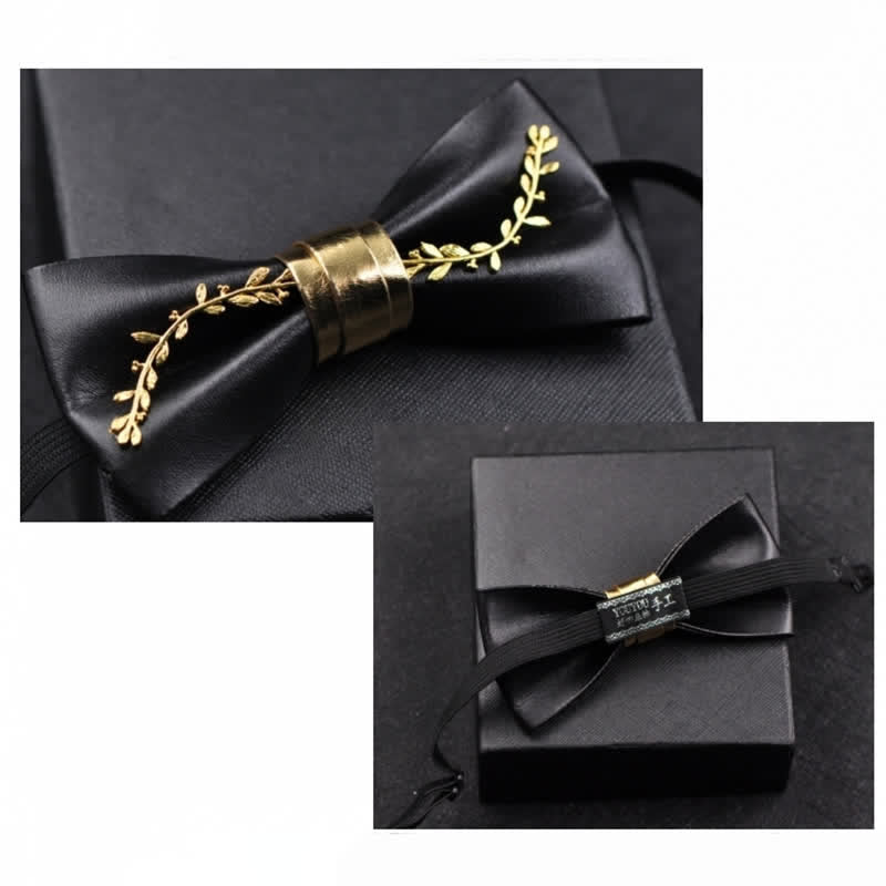 Men's Gold Metal Flower Accent Black PU Leather Bow Tie