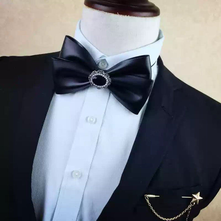 Men's Crystal Black Multilayered PU Leather Bow Tie