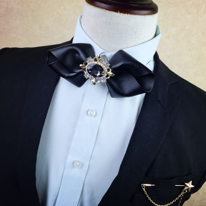 Men's Crystal Black Multilayered PU Leather Bow Tie