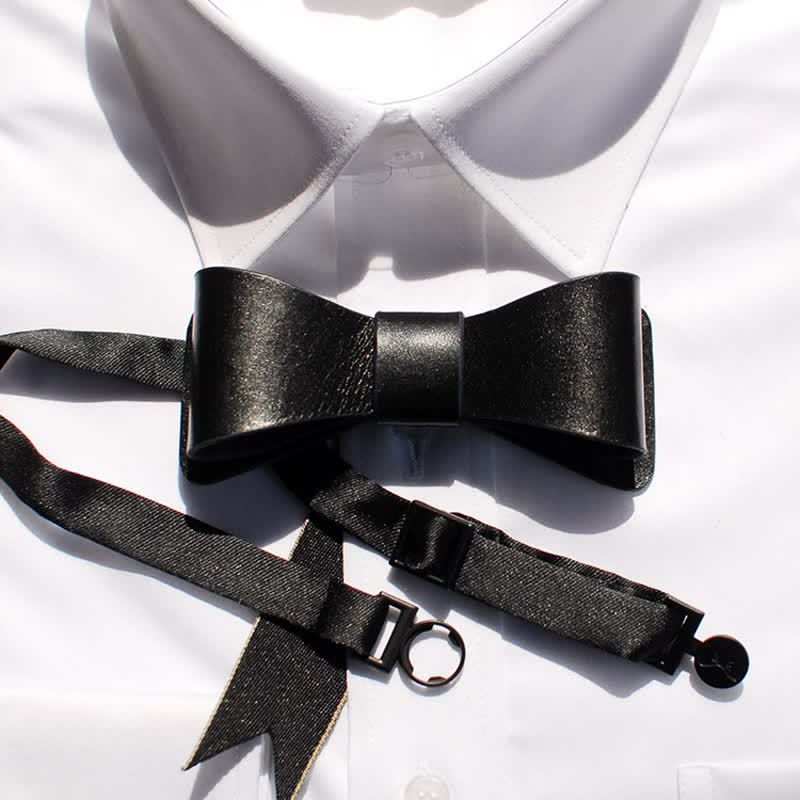 Men's Hand-Stitched Black Plant Tanned Leather Bow Tie