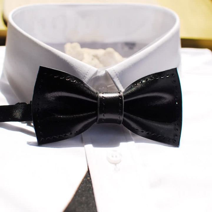 Men's Hand-Stitched Black Plant Tanned Leather Bow Tie