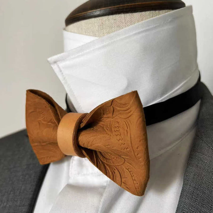 Men's Embossing Flower Plant Tanned Leather Bow Tie