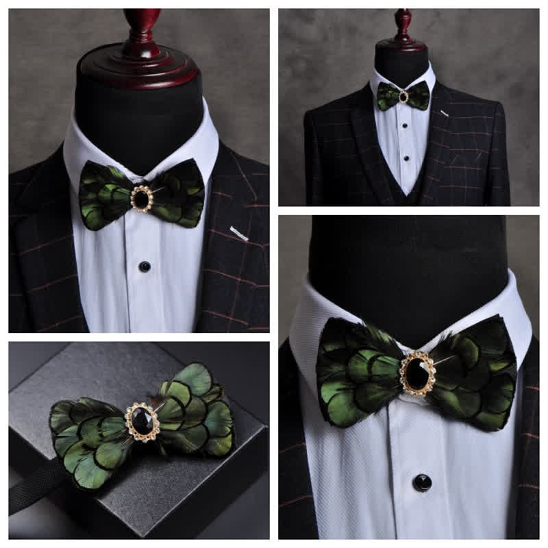 Forest Green Crystal Party Formal Feather Bow Tie