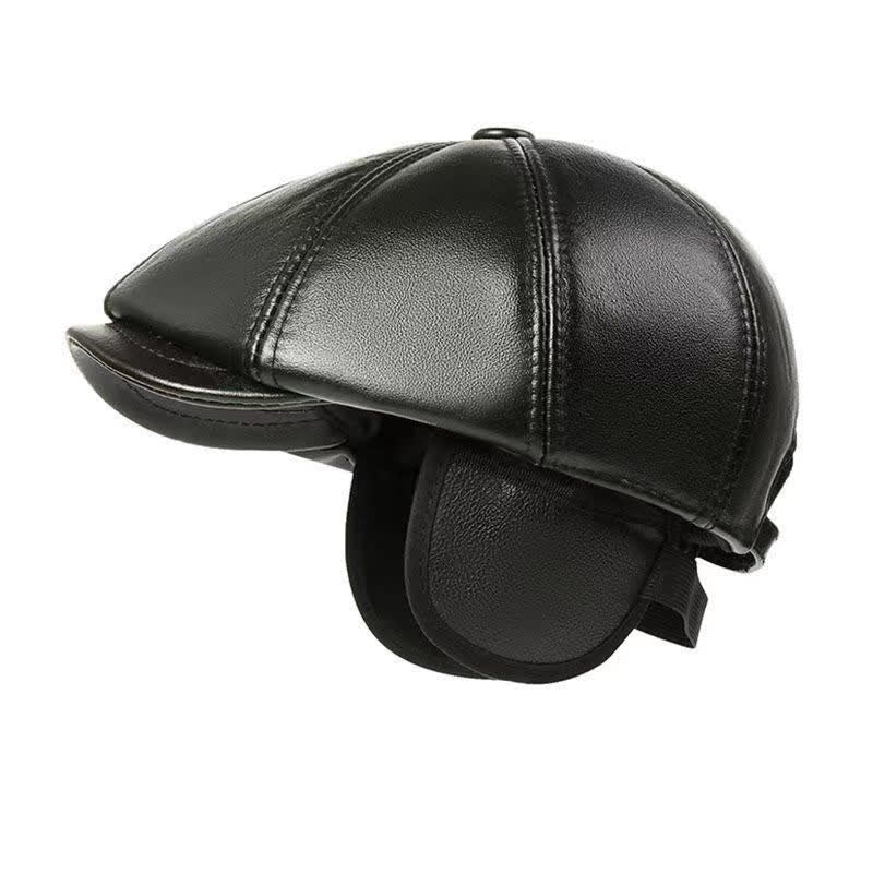 Classic Solid Color Cowhide Leather Beret Hat with Ear Flap