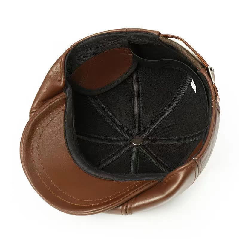 Classic Solid Color Cowhide Leather Beret Hat with Ear Flap