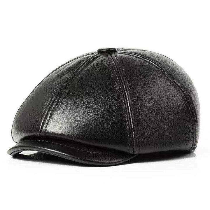 Classic Solid Color Cowhide Leather Beret Hat with Ear Flap