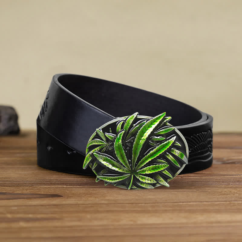 Men's DIY Green Maple Plant Buckle Leather Belt