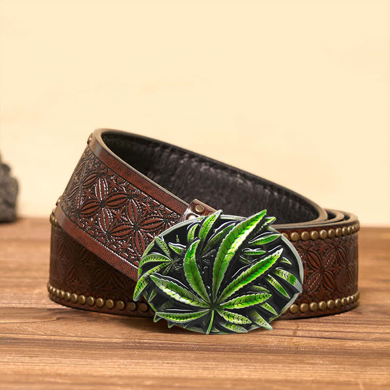 Men's DIY Green Maple Plant Buckle Leather Belt