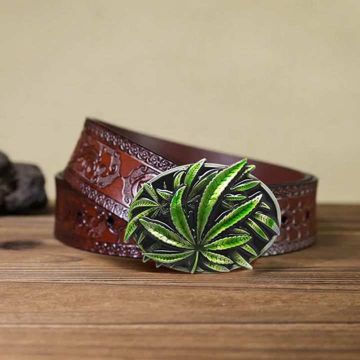 Men's DIY Green Maple Plant Buckle Leather Belt