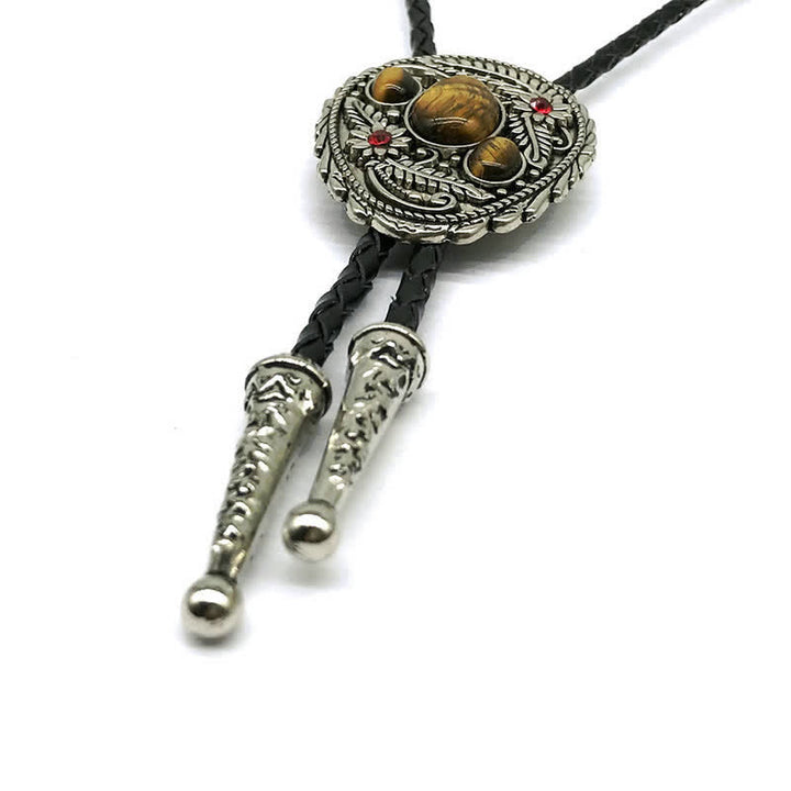 Carved Flower Triple Stone Inlaid Bolo Tie