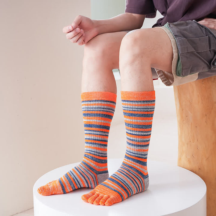 Men's Cozy Mid-Calf Colorful Striped Five Finger Socks