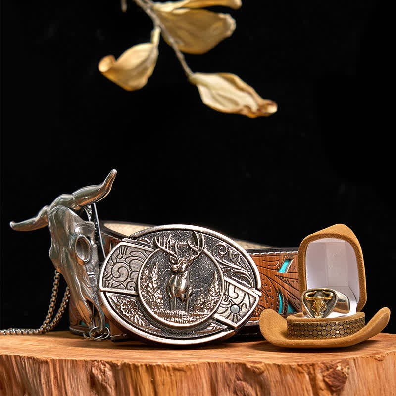 Deer DIY Hidden Knife Belt Buckle Longhorn Bull Pendant Ring Bundle Set - Deer - Turquoise Carved Belt - 42 - image 7