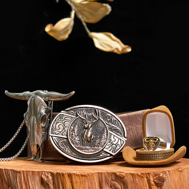 Deer DIY Hidden Knife Belt Buckle Longhorn Bull Pendant Ring Bundle Set - Deer - Brown Distressed Belt - 42 - image 9