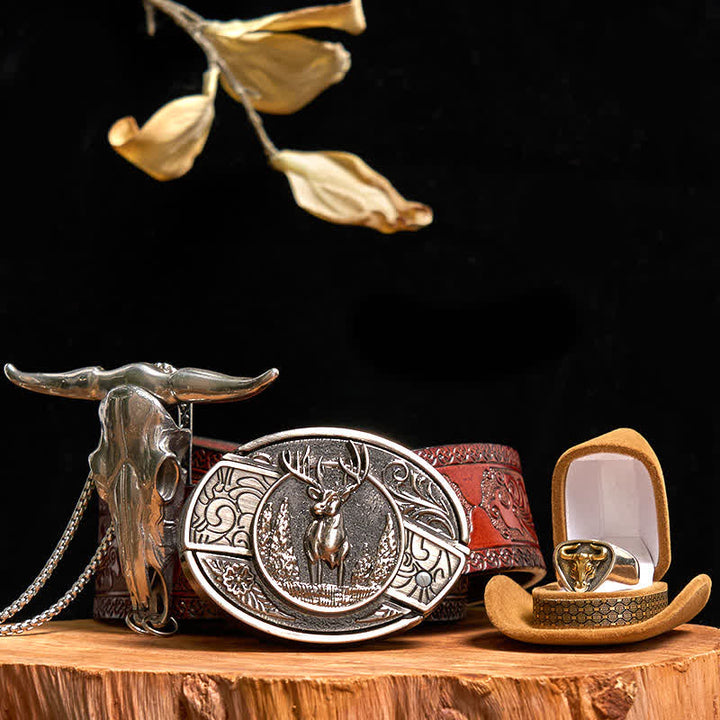 Deer DIY Hidden Knife Belt Buckle Longhorn Bull Pendant Ring Bundle Set - Deer - Brown Carved Belt - 42 - image 10