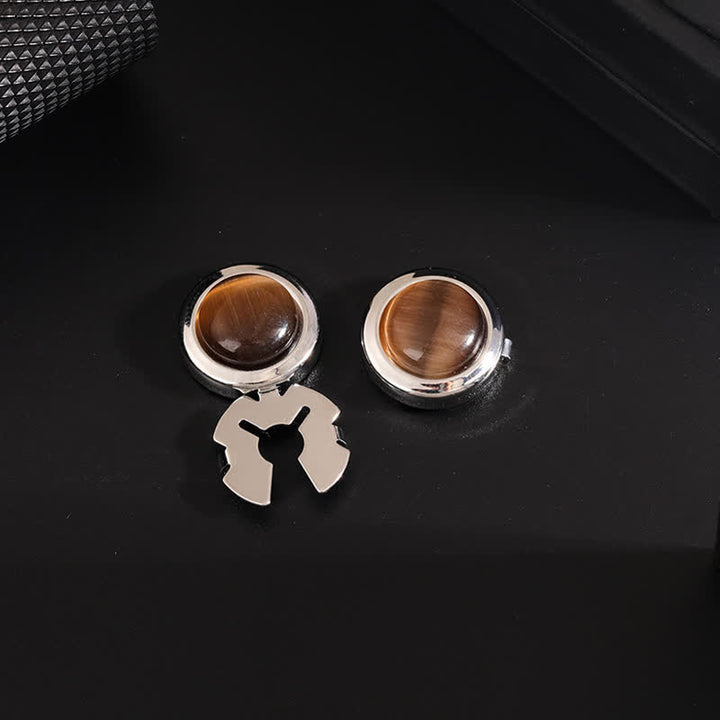 Men's 1 Pair Snap-On Cat's Eye Stone Button Covers Set Cufflinks - Coffee & Silver - image 4
