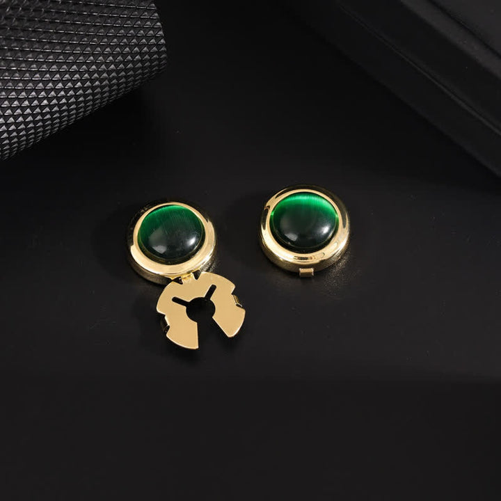 Men's 1 Pair Snap-On Cat's Eye Stone Button Covers Set Cufflinks - Green & Gold - image 9