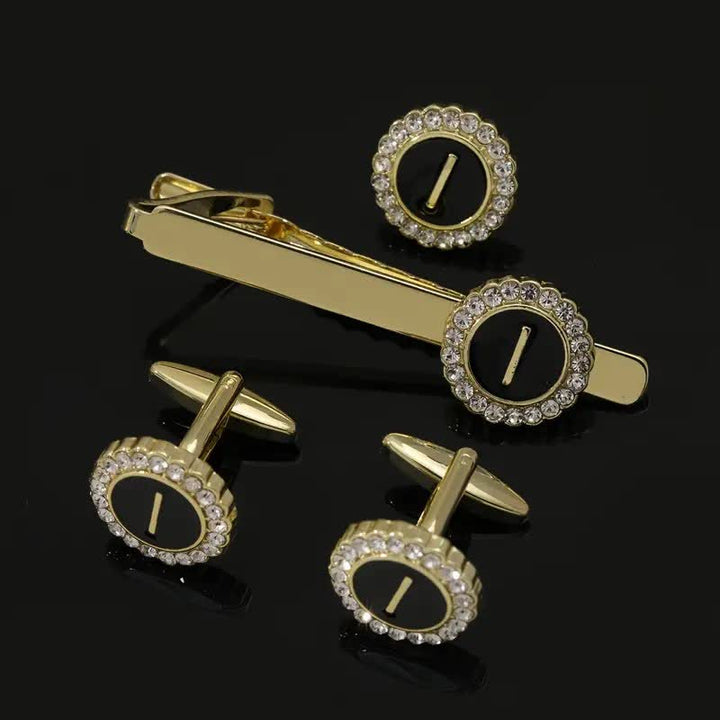 3Pcs Men's Gold 26 Capital Letters Tie Clip Brooch Cufflinks Set