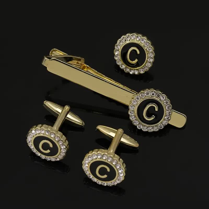 3Pcs Men's Gold 26 Capital Letters Tie Clip Brooch Cufflinks Set